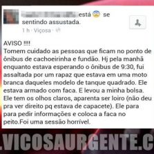 Jovem assaltada em Viçosa, usa redes sociais para alertar outras pessoas