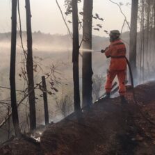 Bombeiros combatem incêndio em vegetação na zona rural de Viçosa.
