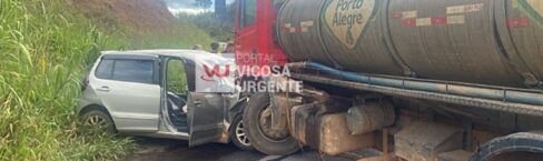 Colisão entre carro e caminhão deixa dois feridos graves na MGC-329