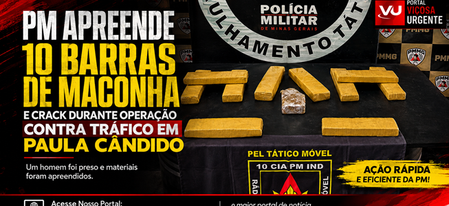 PM apreende 10 barras de maconha e crack durante operação contra tráfico em Paula Cândido