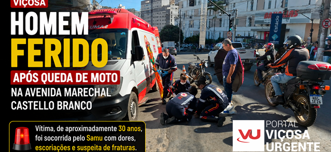 Homem fica ferido após sofrer acidente de moto na Avenida Marechal Castello Branco, em Viçosa